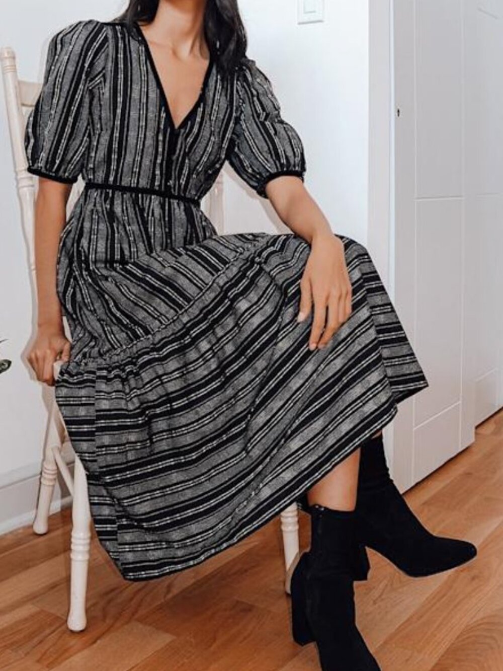 Lulus Make It Official Black Striped Button-front Tiered Midi Dress - Size XS